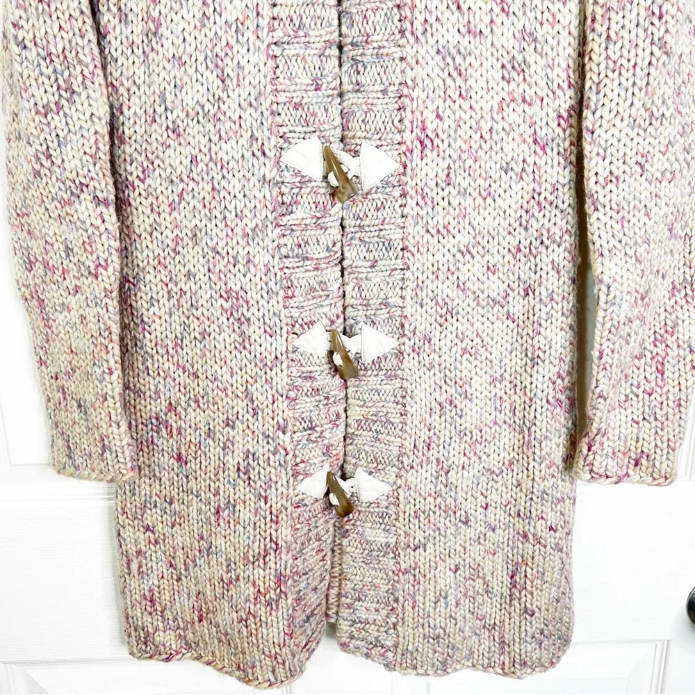 Kenji Multicolored Horn Buckle Hooded Heavyweight Midi Cardigan Sweater Womens M - Picture 4 of 9